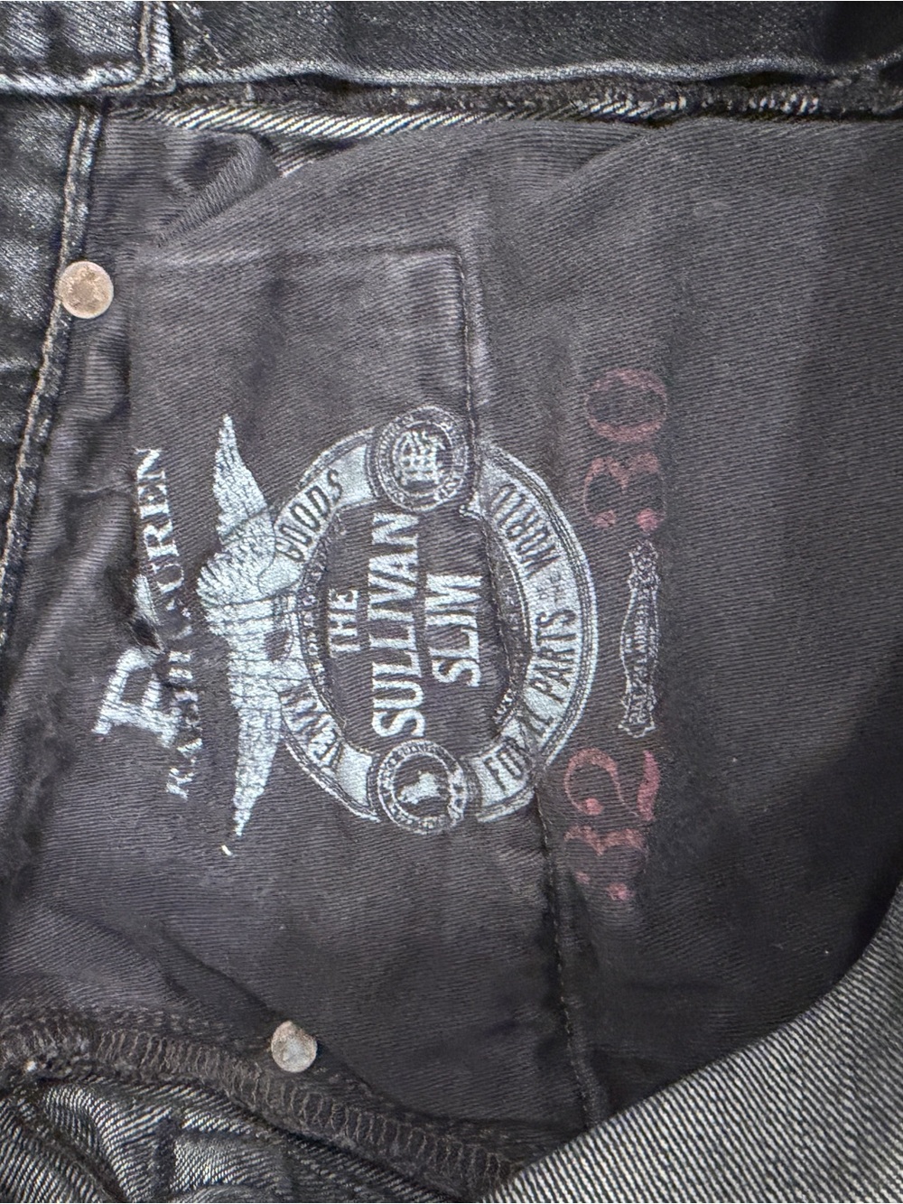 Polo Ralph Lauren Jeans 32x30 Black Sullivan Slim Distressed Patchwork Graffiti - Picture 6 of 6